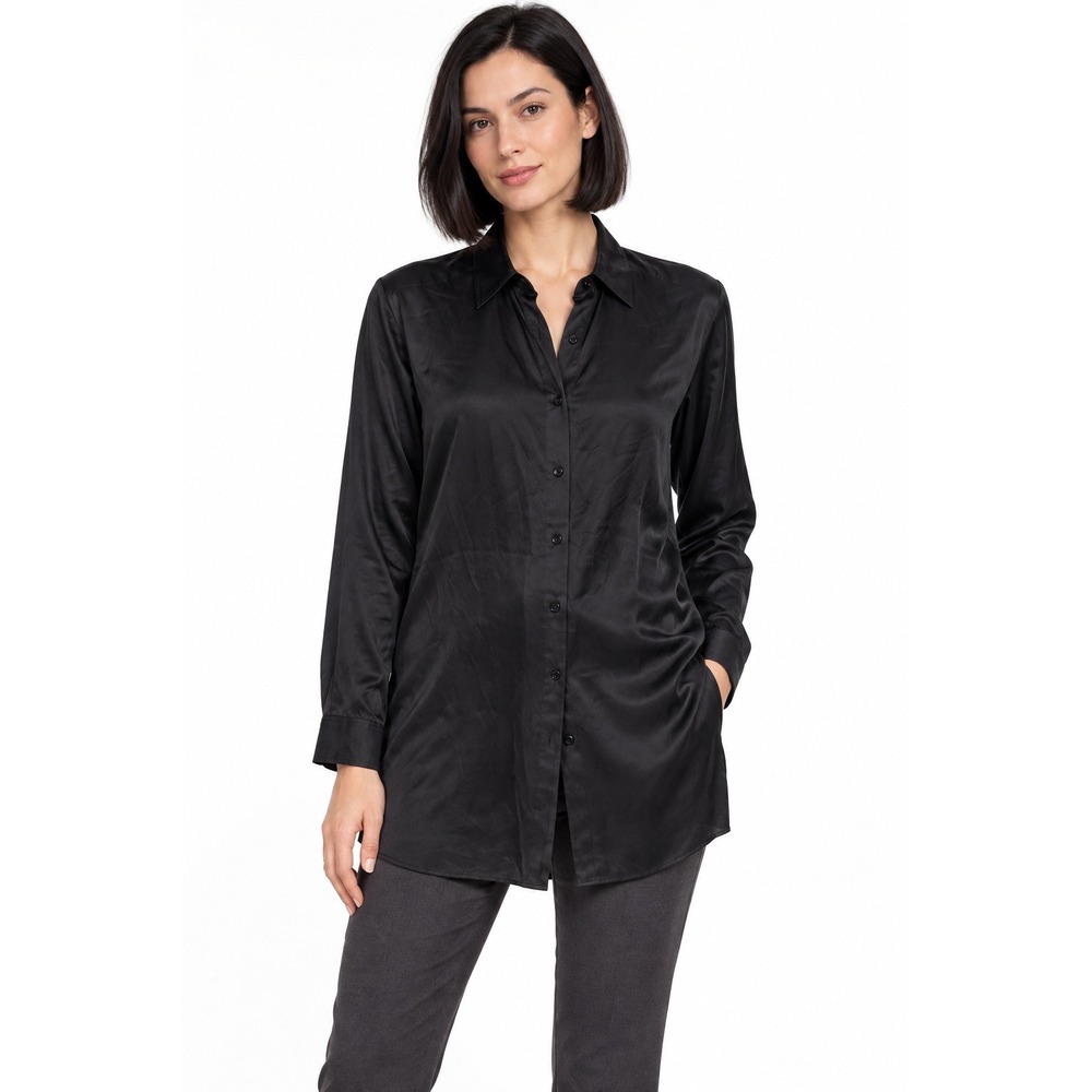 100% Silk Longline Tunic Shirt US 8/10 Black Button Down Minimalist Quiet Luxury
